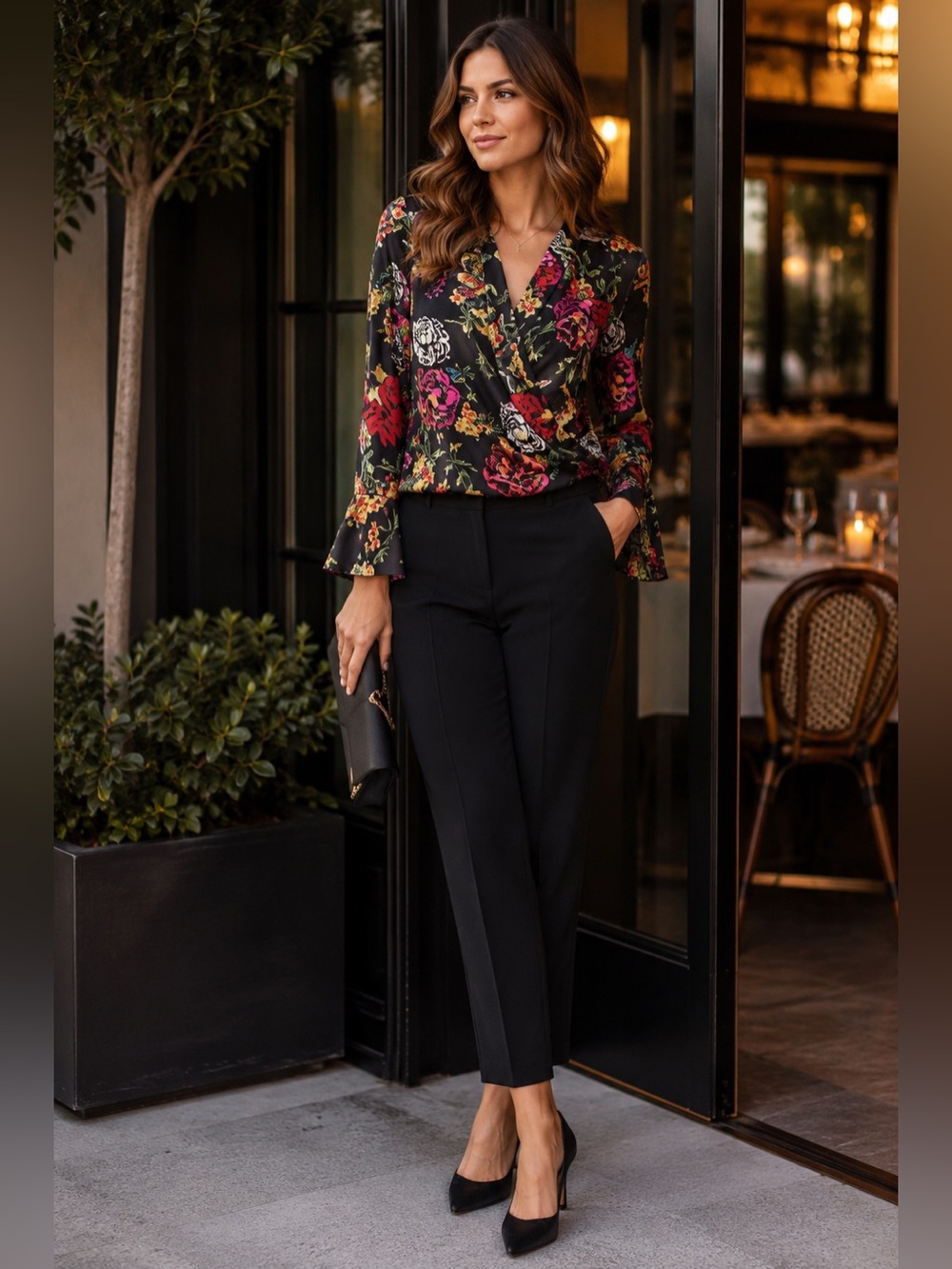 Guess Black Floral Wrap Blouse XS Bell Sleeve Surplice Date Night, Romantic